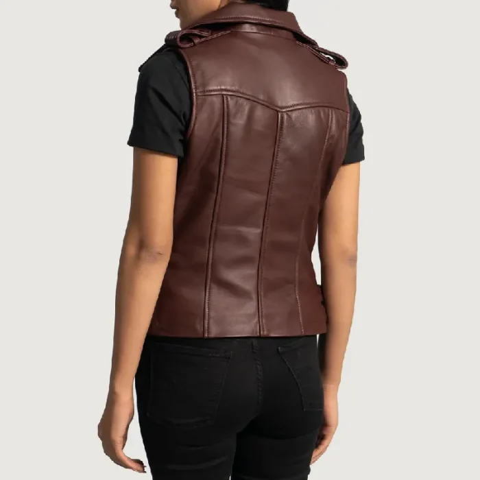 Women'S Maroon Leather Biker Vest Back
