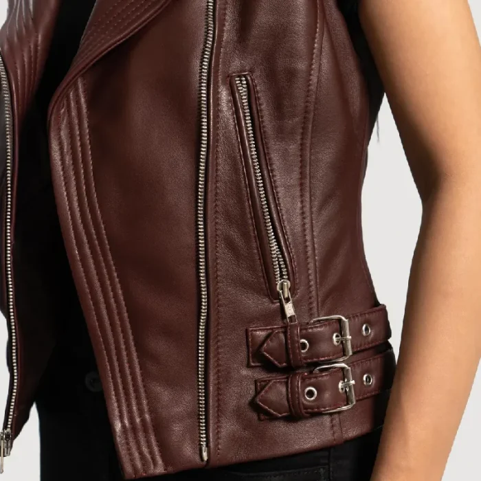 Women'S Maroon Leather Biker Vest Close View