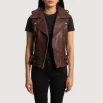 Women's Maroon Leather Biker Vest Front