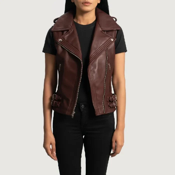 Women'S Maroon Leather Biker Vest Front