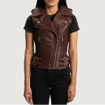 Women's Maroon Leather Asymmetric Biker Vest