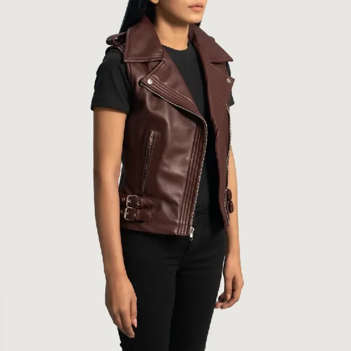 Women'S Maroon Leather Biker Vest Side View