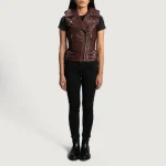 Women's Maroon Leather Biker Vest Wearing Look