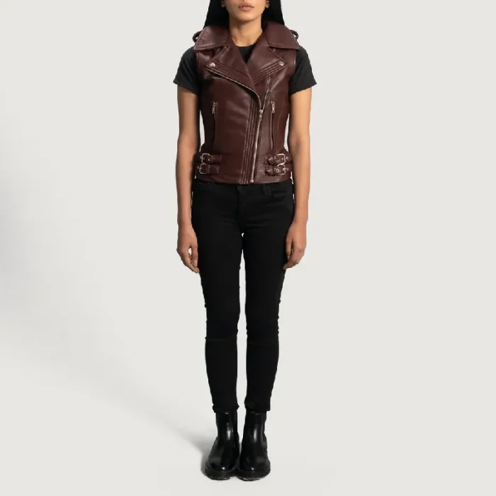 Women'S Maroon Leather Biker Vest Wearing Look