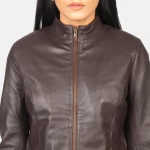 Women's Maroon Leather Zipper Biker Jacket Close View