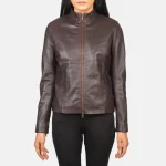 Women's Maroon Leather Zipper Biker Jacket Front View