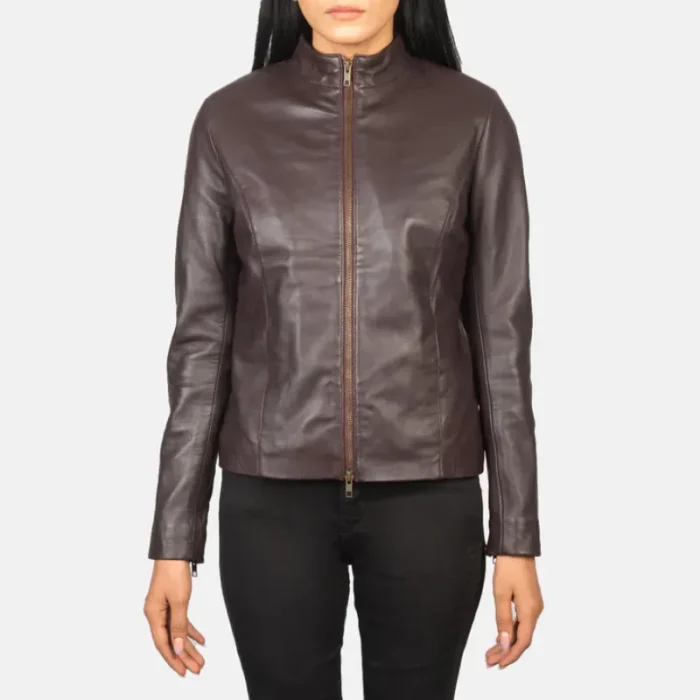 Women'S Maroon Leather Zipper Biker Jacket Front View