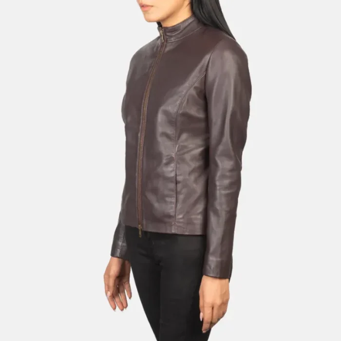 Women'S Maroon Leather Zipper Biker Jacket Side View