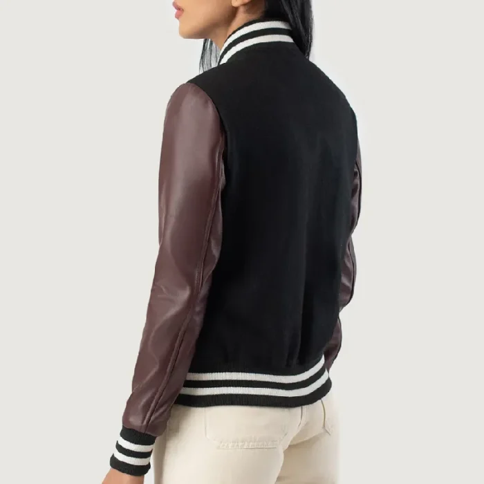 Women'S Maroon/Black Leather Hybrid Varsity Jacket Back