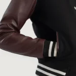 Women's Maroon/Black Leather Hybrid Varsity Jacket Close