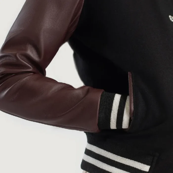 Women'S Maroon/Black Leather Hybrid Varsity Jacket Close