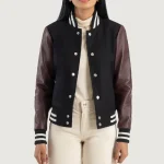 Women's Maroon/Black Leather Hybrid Varsity Jacke