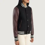 Women's Maroon/Black Leather Hybrid Varsity Jacket Side