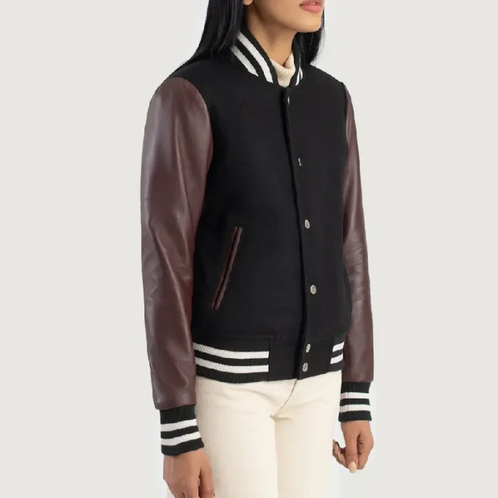 Women'S Maroon/Black Leather Hybrid Varsity Jacket Side