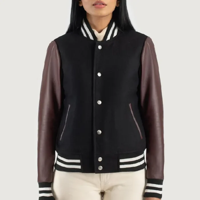 Women'S Maroon/Black Leather Hybrid Varsity Jacket