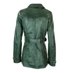 Women’s Olive Green Zipper Double Breasted Leather Coat Back