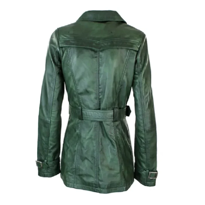 Women’s Olive Green Zipper Double Breasted Leather Coat Back