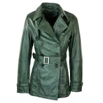 Women’s Olive Green Zipper Double Breasted Leather Coat