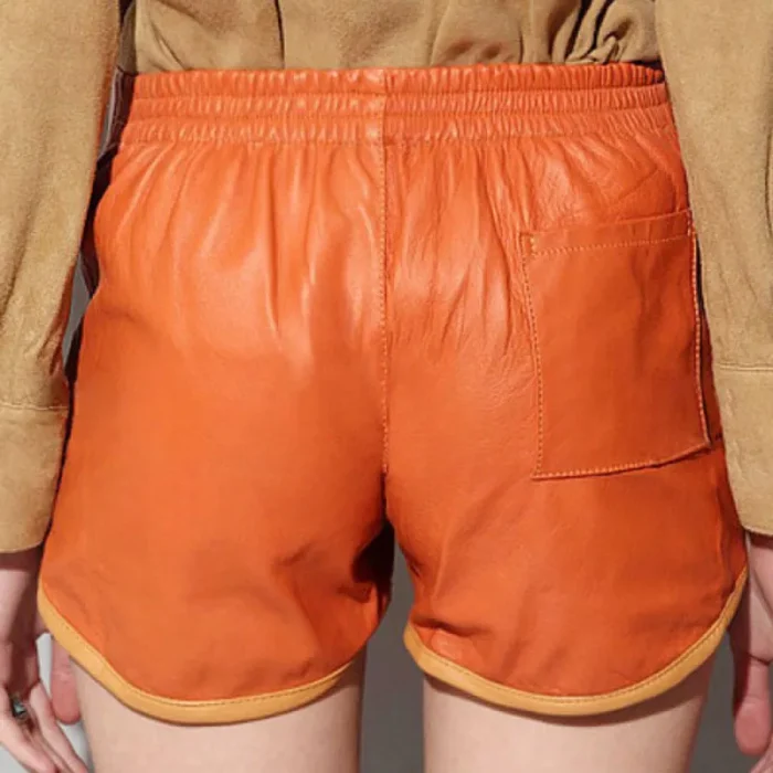 Women'S Orange Leather Button-Up Cargo Shorts Back View