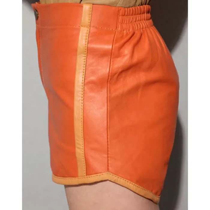 Women'S Orange Leather Button-Up Cargo Shorts Side View