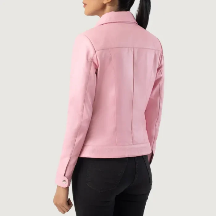 Women'S Pink Classic Collar Leather Biker Jacket Back View