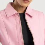 Women's Pink Classic Collar Leather Biker Jacket Close View