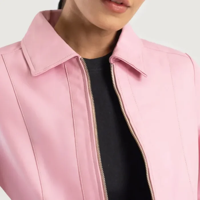 Women'S Pink Classic Collar Leather Biker Jacket Close View