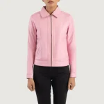 Women's Pink Classic Collar Leather Biker Jacket Front View