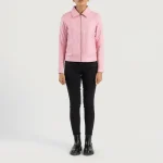 Women's Pink Classic Collar Leather Biker Jacket Wearing look