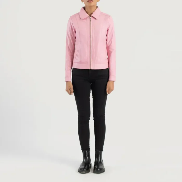 Women'S Pink Classic Collar Leather Biker Jacket Wearing Look