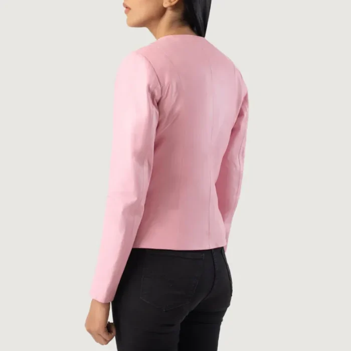 Women'S Pink Collarless Leather Biker Jacket Back View