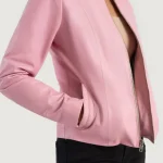 Women's Pink Collarless Leather Biker Jacket Close View