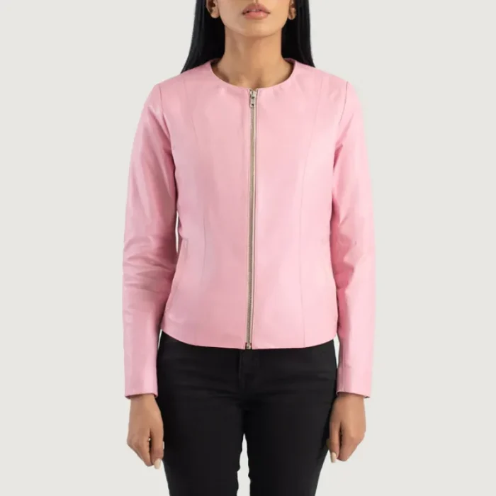 Women'S Pink Collarless Leather Biker Jacket Front View