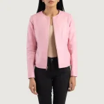 Women's Pink Collarless Leather Biker Jacket