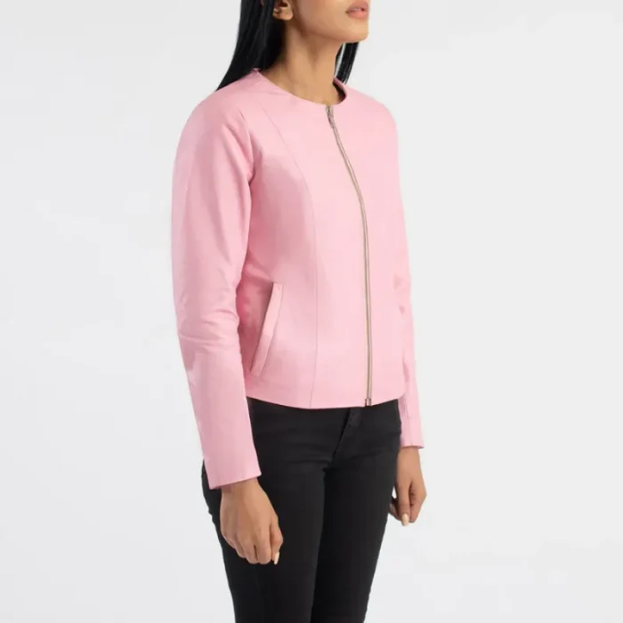 Women'S Pink Collarless Leather Biker Jacket Side View