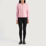 Women's Pink Collarless Leather Biker Jacket Wearing look
