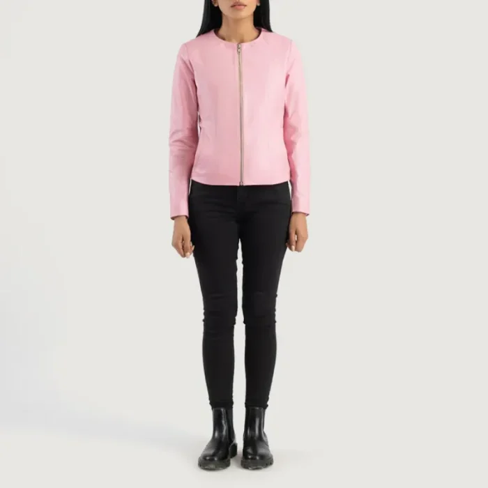 Women'S Pink Collarless Leather Biker Jacket Wearing Look