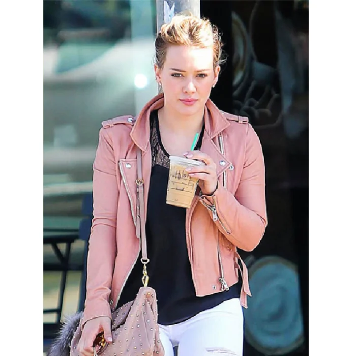 Women'S Pink Hilary Duff Leather Jacket Front