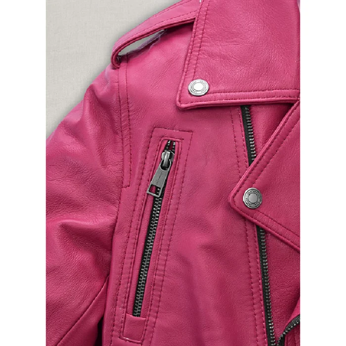 Women'S Pink Jessica Alba Leather Jacket Close