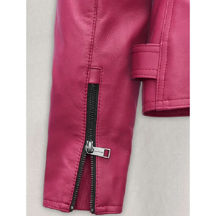 Women'S Pink Jessica Alba Leather Jacket Close Up