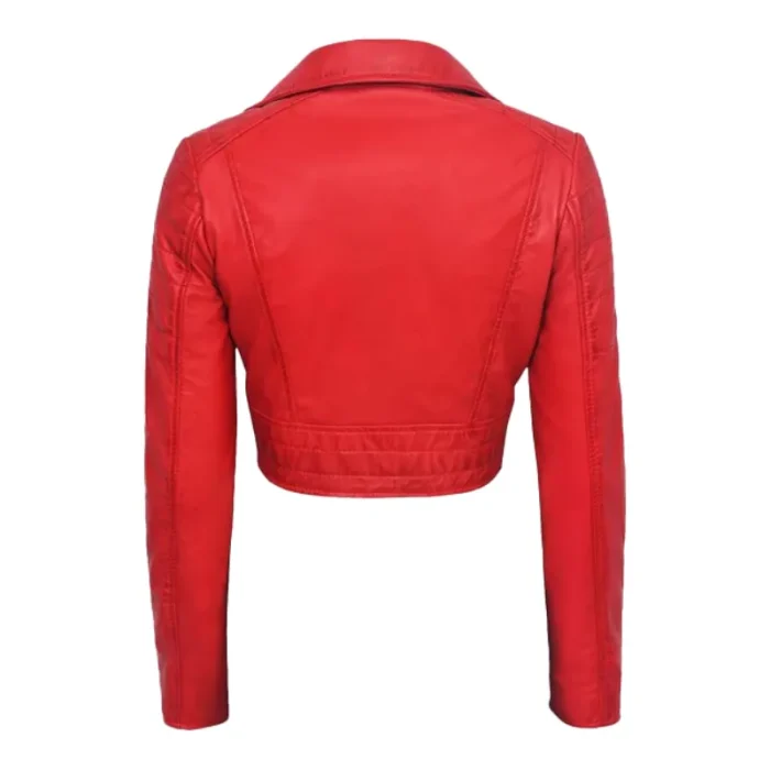 Women'S Red Cropped Biker Leather Jacket Back