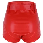 Women's Red High Waist Leather Shorts Back