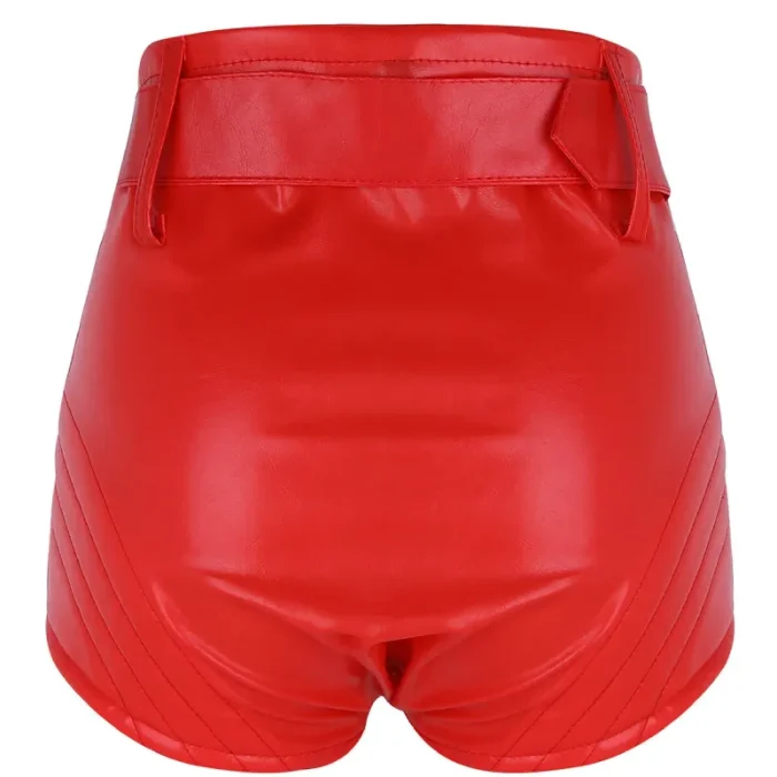 Women'S Red High Waist Leather Shorts Back