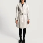 Women's Silver Sheepskin Leather Trench Coat Buttons