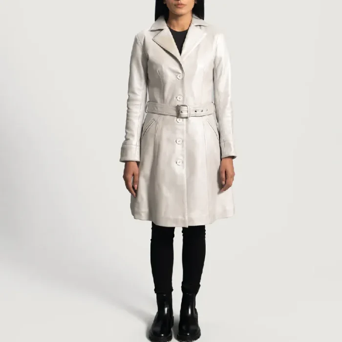 Women'S Silver Sheepskin Leather Trench Coat Buttons