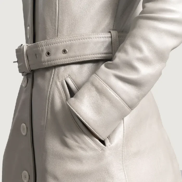 Women'S Silver Sheepskin Leather Trench Coat Close