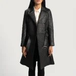Women's Susan Black Leather waist belt Trench Coat Close Up