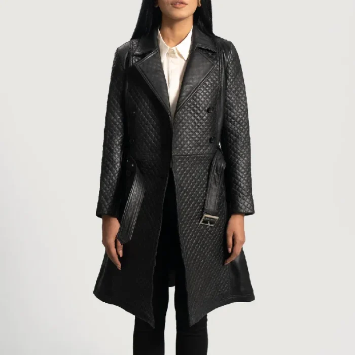 Women'S Susan Black Leather Waist Belt Trench Coat Close Up