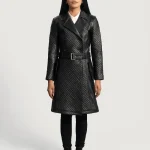 Women's Susan Black Leather waist belt Trench Coat Front