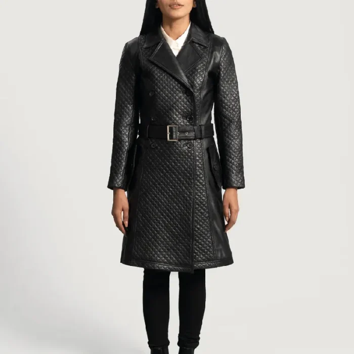 Women'S Susan Black Leather Waist Belt Trench Coat Front